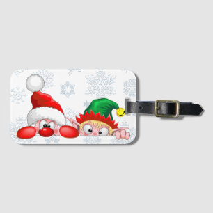 Santa and Elf Cute and funny Characters Peeking   Luggage Tag
