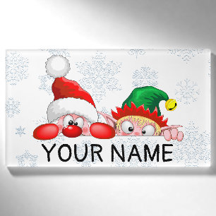 Santa and Elf Cute and funny Characters Peeking   Name Tag