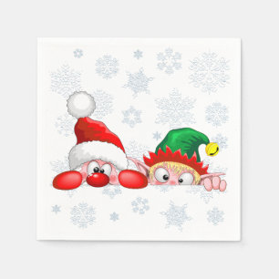 Santa and Elf Cute and funny Characters Peeking  Napkin