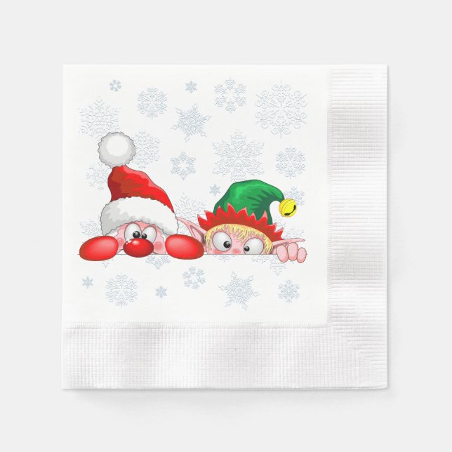 Santa and Elf Cute and funny Characters Peeking  Napkin (Front)