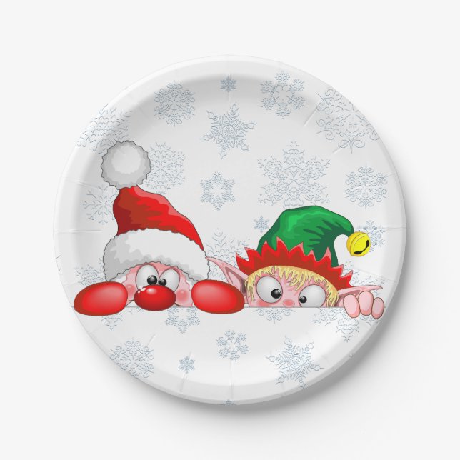 Santa and Elf Cute and funny Characters Peeking   Paper Plate (Front)