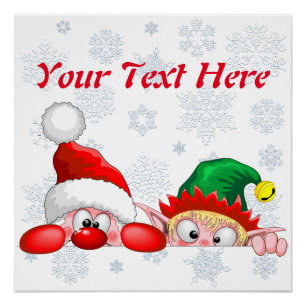 Santa and Elf Cute and funny Characters Peeking  Poster