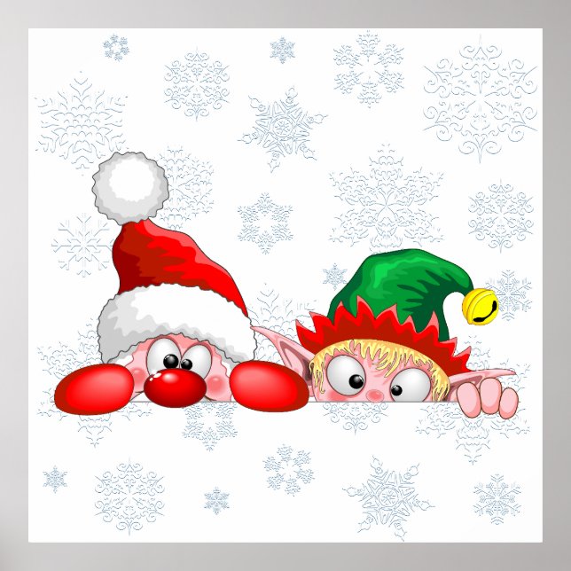 Santa and Elf Cute and funny Characters Peeking  Poster (Front)