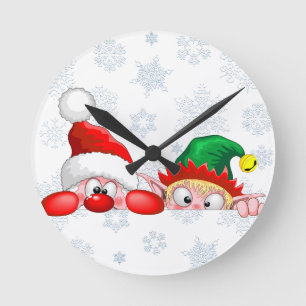 Santa and Elf Cute and funny Characters Peeking   Round Clock