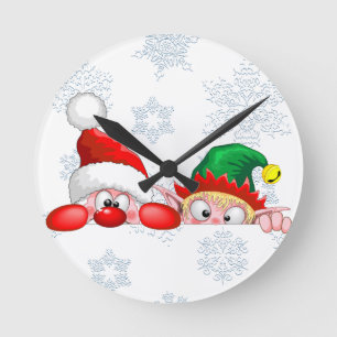 Santa and Elf Cute and funny Characters Peeking  Round Clock