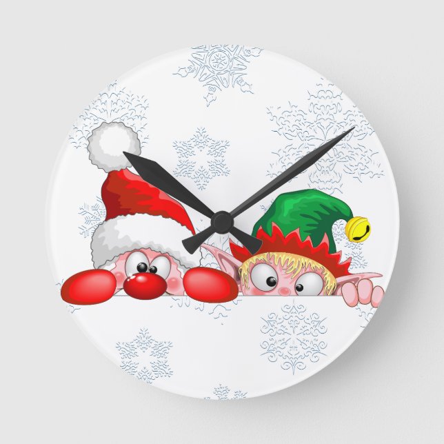 Santa and Elf Cute and funny Characters Peeking  Round Clock (Front)