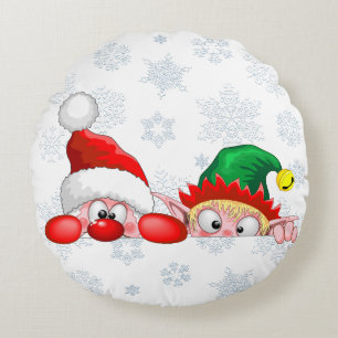 Santa and Elf Cute and funny Characters Peeking  Round Cushion
