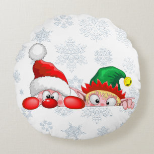 Santa and Elf Cute and funny Characters Peeking   Round Cushion