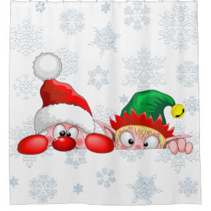 Santa and Elf Cute and funny Characters Peeking Shower Curtain