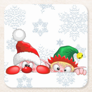 Santa and Elf Cute and funny Characters Peeking  Square Paper Coaster