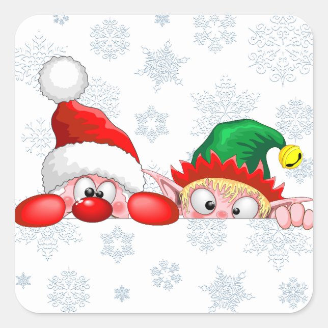 Santa and Elf Cute and funny Characters Peeking Square Sticker (Front)