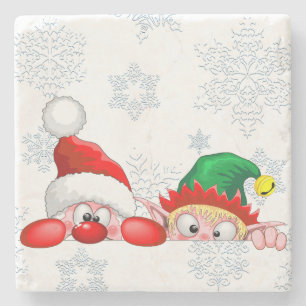 Santa and Elf Cute and funny Characters Peeking Stone Coaster
