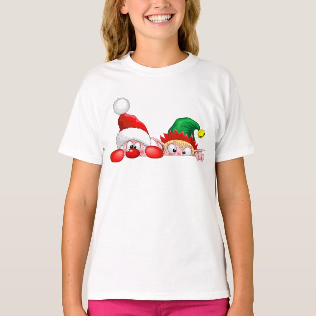 Santa and Elf Cute and funny Characters Peeking  T-Shirt (Front)
