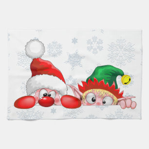 Santa and Elf Cute and funny Characters Peeking   Tea Towel