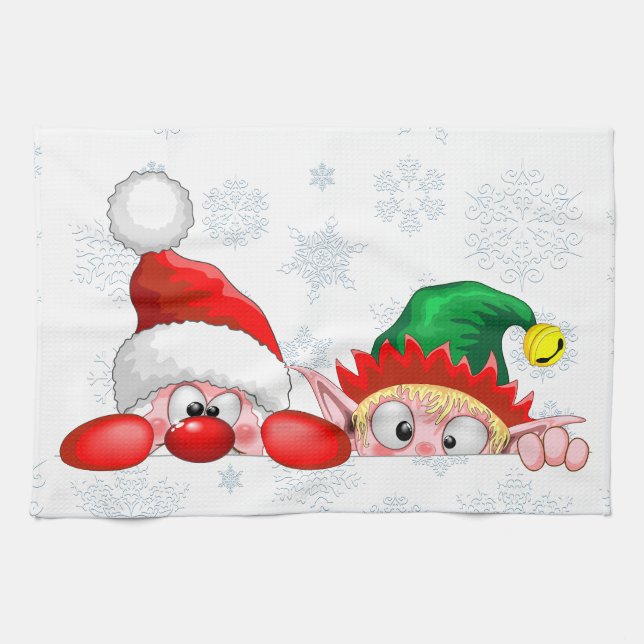Santa and Elf Cute and funny Characters Peeking   Tea Towel (Horizontal)
