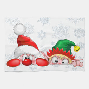 Santa and Elf Cute and funny Characters Peeking   Tea Towel