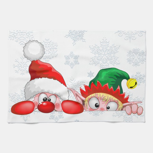 Santa and Elf Cute and funny Characters Peeking   Tea Towel (Horizontal)