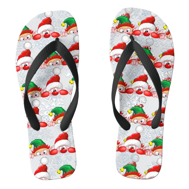 Santa and Elf Cute and funny Characters Peeking  Thongs (Footbed)