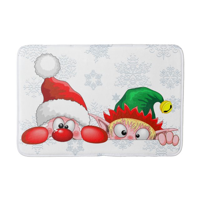Santa and Elf Cute and funny Christmas Cartoon Cha Bath Mat (Front)