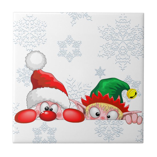 Santa and Elf Cute and funny Christmas Cartoon Cha Ceramic Tile (Front)