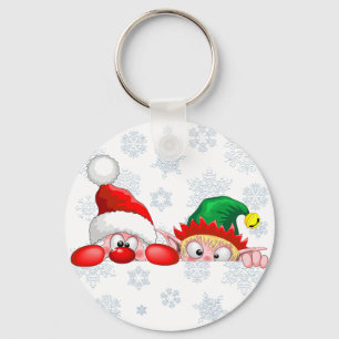 Santa and Elf Cute and funny Christmas Cartoon Cha Key Ring