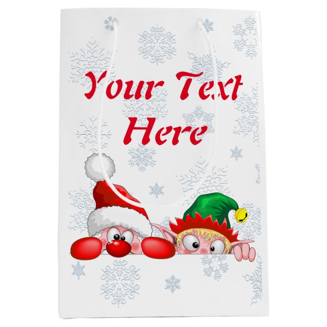 Santa and Elf Cute and funny Christmas Cartoon Cha Medium Gift Bag (Front)