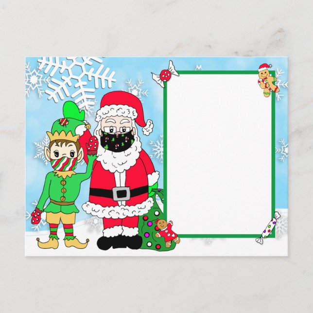 Santa and Elf in Facemasks Letter from Santa Blank Holiday Postcard (Front)