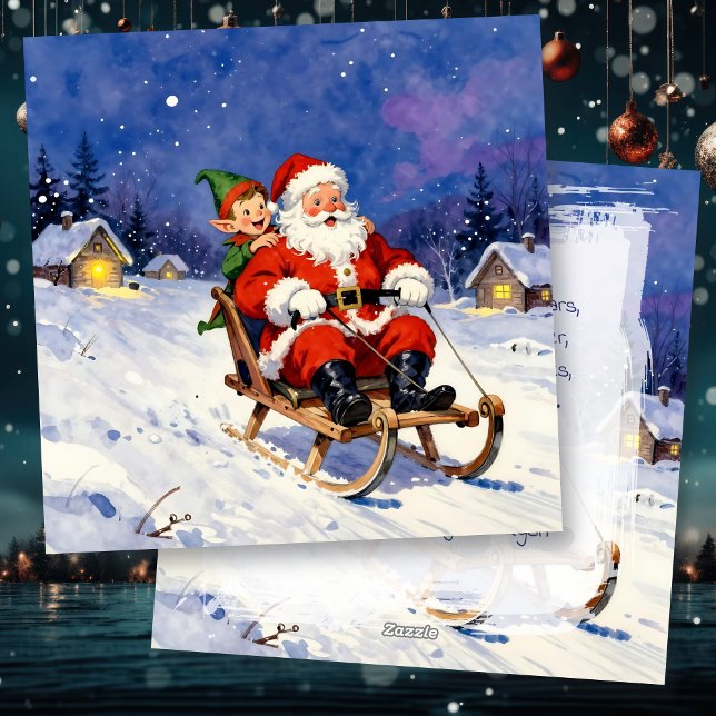 Santa and Elf Sledding on Christmas Eve Holiday Card (Creator Uploaded)