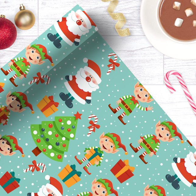 Santa and Elves Christmas Tree Cute Holiday Wrapping Paper (Creator Uploaded)