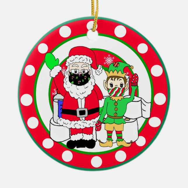 Santa and Elves Facemasks and Toilet Paper Ceramic Ornament (Front)