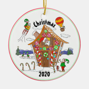 Santa and Elves in Gingerbread House Comic Design Ceramic Ornament