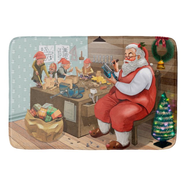 Santa And Elves Making Toys | Christmas Bath Mat (Front)