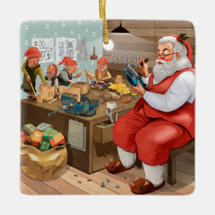 Santa And Elves Making Toys Christmas Ceramic Ornament