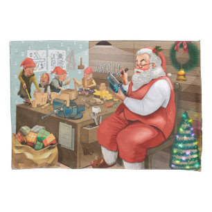 Santa And Elves Making Toys   Christmas Pillowcase