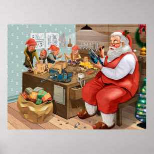 Santa And Elves Making Toys   Christmas Poster