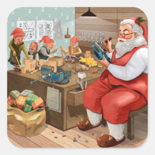 Santa And Elves Making Toys   Christmas Square Sticker