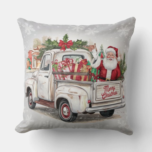 Santa and gifts in a rustic Truck cute Christmas Cushion (Front)