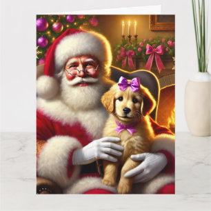 Santa and Golden Retriever Puppy with Pink Bow Card