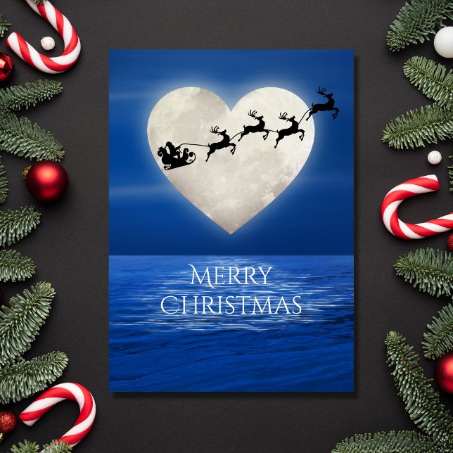 Santa and Heart Full Moon Beach Christmas Holiday Card (Creator Uploaded)