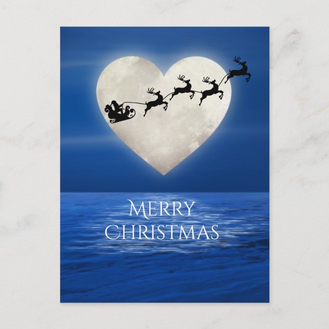 Santa and Heart Full Moon Beach Merry Christmas Holiday Postcard (Front)