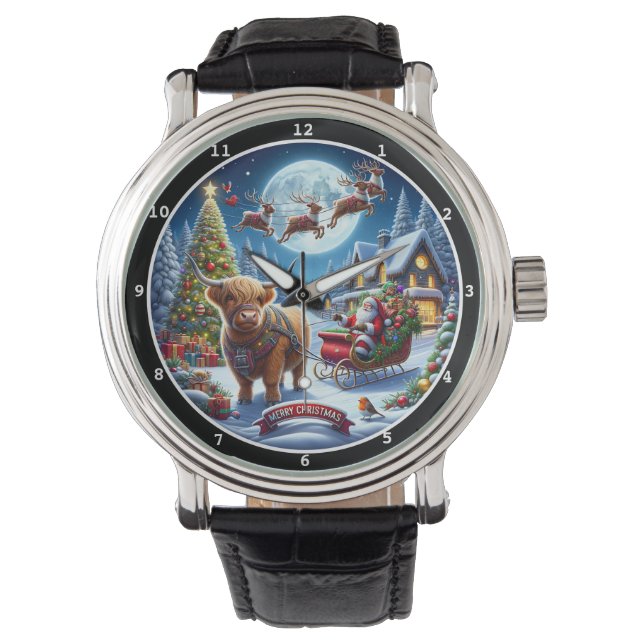 Santa and Highland Cow Sleigh Watch (Front)