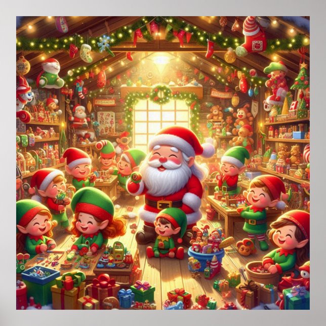 Santa and His Cute Little Elves in His Workshop Poster (Front)