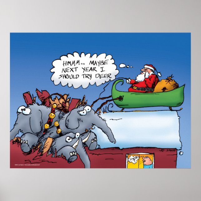 Santa and His Elephants Funny Cartoon Poster (Front)