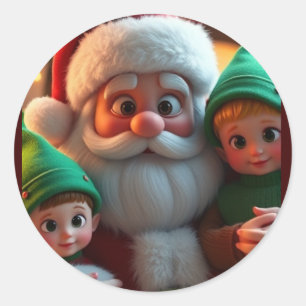 Santa and his elves classic round sticker