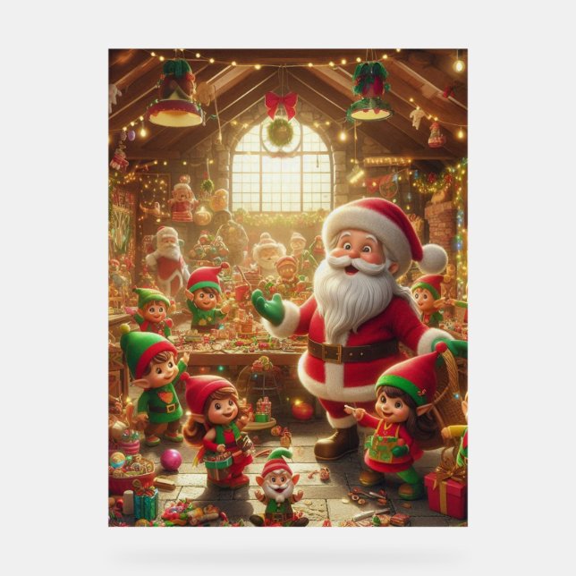 Santa and His Elves in The Christmas Workshop Wall Acrylic Sign (Front)
