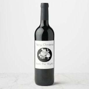 Santa And His Favorite Reindeer Black and White  Wine Label