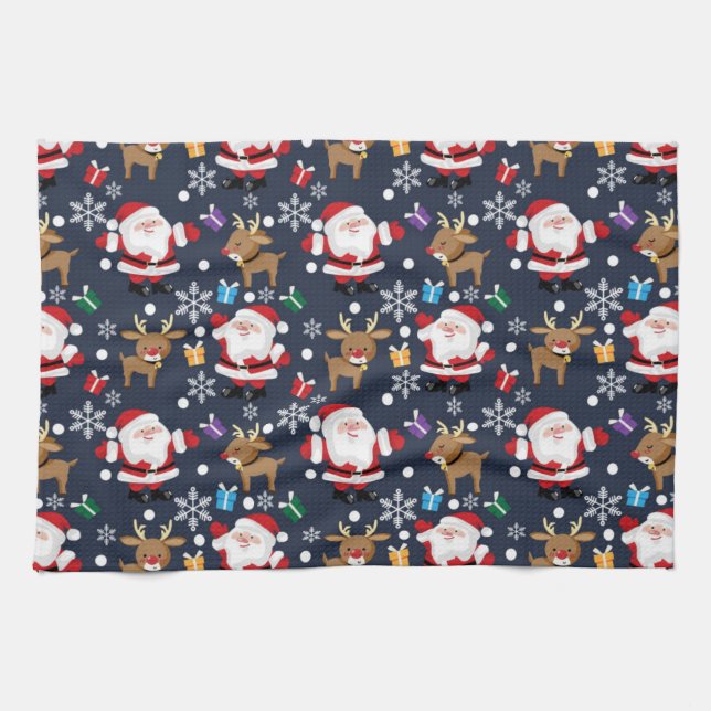 Santa And His Favourite Reindeer Pattern Tea Towel (Horizontal)