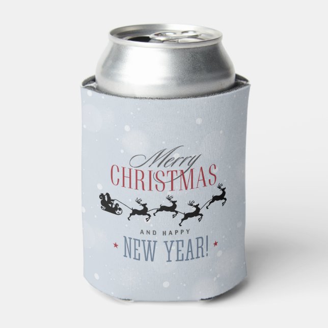Santa and his Flying Reindeer Silhouette Christmas Can Cooler (Can Front)