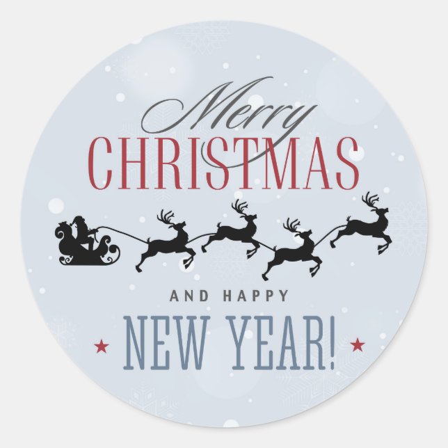 Santa and his Flying Reindeer Silhouette Christmas Classic Round Sticker (Front)