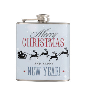 Santa and his Flying Reindeer Silhouette Christmas Hip Flask